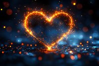 Glowing heart shape created with sparklers against dark blue background with bokeh lights and reflective surface, romantic Valentine concept for greeting cards.