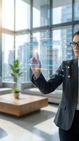 Professional businesswoman interacting with holographic RPA and digital transformation interface in modern office environment for automation technology concepts.