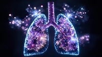 Glowing human lungs with magical sparkles and particles in purple and blue colors against dark background, anatomical medical concept with ethereal effect.