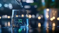 Clear liquid dropping into glass tumbler with blue illumination and bokeh lights background creates magical atmosphere for beverage and cocktail photography.