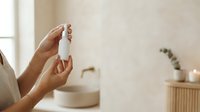 Closeup of female hands holding white skincare jar with cream or lotion product in bright minimalist bathroom setting with natural light and wooden accessories.