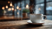 Steaming hot coffee cup on wooden table in cozy cafe with warm bokeh lights creating atmospheric morning ambiance for relaxation and comfort.