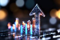Glowing upward arrow with colorful light bars on dark background showing business growth trend, financial success concept for marketing and analytics.