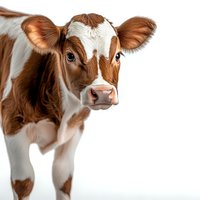 Young brown and white spotted calf looking directly at camera with curious expression against white background, isolated for agricultural and farming designs.