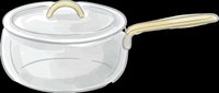 Glass saucepan with gold handle and lid, isolated on transparent background. Ready for cooking, kitchen design, t-shirt graphics, clipart, stickers, and print-on-demand products.