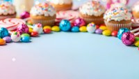 Colorful cupcakes with sprinkles and candies on pastel background with copy space for party celebration dessert design.