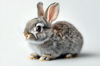 Adorable gray baby bunny with large ears and expressive blue eyes sitting on white background, isolated studio shot for pet and animal photography projects.