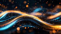 Glowing golden and blue waves with sparkles and bokeh effects on dark background create magical abstract light trails for festive designs.