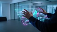 Businessman using futuristic holographic interface with data visualization and charts in modern office environment for business analytics and technology.