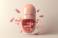 Pink medical capsule breaking open with powder explosion and scattered pills on soft beige background, conceptual pharmaceutical illustration.