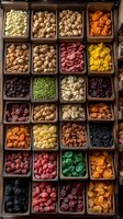 Colorful assortment of flavored popcorn in wooden display case showing variety of sweet and savory kernels in different hues from yellow to green to red and orange.