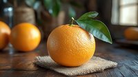 Fresh ripe orange with green leaves on burlap napkin against dark wooden background, selective focus with natural window lighting.