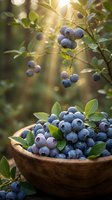 Fresh blueberries in a rustic wooden bowl surrounded by green leaves and sunlight rays in a natural garden setting.