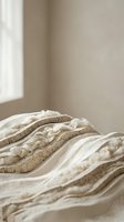 Unmade bed with rumpled beige linen sheets and blanket in soft natural morning light creating cozy bedroom atmosphere for home decor and lifestyle concepts.