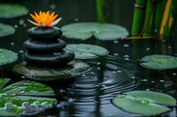 Balanced black spa stones with orange water lily flower on top, surrounded by green lily pads in dark pond water with bamboo stems and ripple circles.