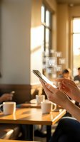 Person using smartphone for online shopping with floating cart icons in warm sunlit cafe setting for mobile commerce and digital retail concepts.
