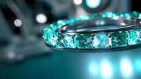 Luxury ring with princess cut aquamarine gemstones in platinum setting against blurred turquoise background with bokeh lights, close-up macro jewelry photography.