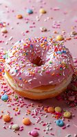 Pink frosted donut with colorful sprinkles and candy scattered on pink background, close-up macro food photography for bakery marketing and menu design.