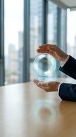 Businessman in dark suit holding glowing holographic sphere with buffering symbol above wooden desk, city skyline visible through office windows, representing data loading, network technology, and digital connectivity.