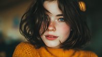 Close-up portrait of young woman with freckles and blue eyes wearing orange sweater, soft natural lighting creating warm atmosphere for lifestyle photography.