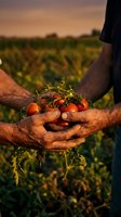 Elderly farmer hands holding fresh cherry tomatoes at sunset in organic vegetable garden during golden hour harvest time.
