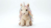 Adorable cream colored unicorn plush toy with rainbow mane sitting on white background, perfect for children's products and nursery decor designs.