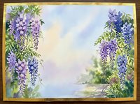 Watercolor painting of purple wisteria flowers framing garden path with soft sky background for spring home decor and botanical art projects.