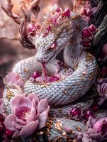 Mystical white scaled dragon adorned with pink crystal crown and flowers, surrounded by pink blossoms and golden accents in dreamy ethereal lighting.