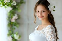Young Caucasian bride in white lace wedding dress smiling softly with apple blossoms and greenery in romantic bridal portrait for wedding photography.