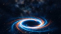Spiral galaxy with glowing accretion disk in deep space surrounded by stars and cosmic dust clouds against dark universe background for astronomy content.