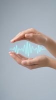 Protective hands surrounding glowing heartbeat pulse line symbolizing health insurance, medical care and wellness protection on neutral background.