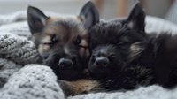 Two adorable German Shepherd puppies sleeping together under cozy knitted blanket, showcasing bond between young canine siblings.