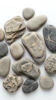 Collection of natural river stones and pebbles in various shapes, sizes and earth tones isolated on white background for spa, wellness and zen design projects.