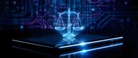 Digital justice scales hologram emerging from tablet screen with circuit board background representing legal technology and cyber law enforcement.