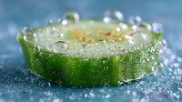 Fresh green kiwi slice with water droplets and bubbles on blue background, extreme macro photography showing juicy fruit texture and natural patterns.