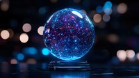 Glowing crystal ball with luminous blue constellation patterns and starry networks against dark background with bokeh lights, mystical fortune telling sphere.