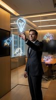 Professional businessman touching holographic lightbulb icon in modern office with glowing innovation symbols for business technology and creative solutions.