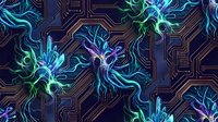 Neon glowing neural network nodes with circuit patterns on dark background, seamless pattern tiles into single background.