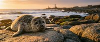 Spotted seal pup resting on rocky coastline during golden hour sunset with lighthouse in background and moss-covered stones along ocean shore.