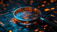 Magnifying glass examining glowing circuit board with orange and blue light effects, close up view of electronic components and microchips on motherboard.