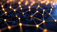 Glowing network of interconnected golden nodes on dark background with blue light effects creates futuristic technology visualization pattern.