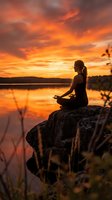 Woman in meditation pose sitting on rock by lake at sunset, silhouetted against golden sky. Wellness and mindfulness concept for yoga, relaxation and outdoor fitness.