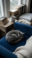 Gray cat sleeping peacefully on blue armchair in cozy reading nook with books and coffee mug creating warm domestic atmosphere for relaxation and comfort.