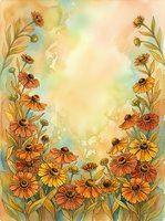 Watercolor border of orange and yellow autumn flowers with soft pastel background, copy space for text, greeting cards, and seasonal designs.
