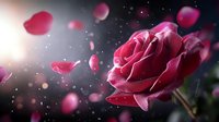 Pink rose bloom with falling petals against dark background, soft bokeh lights and lens flare create romantic atmosphere for Valentine's Day designs and love themes.