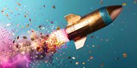 Golden rocket with glitter trail soaring through colorful space background with sparkles, pink and blue cosmic clouds, explosive particle effect.
