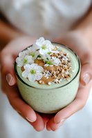 Green matcha smoothie bowl topped with peanut butter, granola and white spring flowers held in female hands with natural manicure. Healthy breakfast concept.