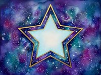 Watercolor galaxy background with glowing gold-framed star and blank center space for text or design elements.