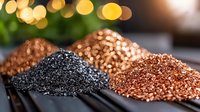 Metallic glitter powder piles in copper, rose gold and black shades on dark surface with bokeh lights background, macro photography for cosmetic and craft designs.