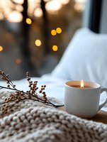 Cozy winter evening with burning candle in white ceramic cup, knitted blanket and dried berries branch against blurred bokeh lights background.